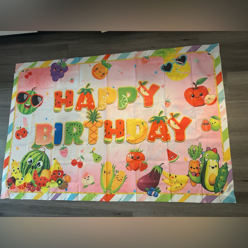 Hey Bear Happy Birthday" Fruit backdrop, 3 x 5,vibrant Fruit Themed Party